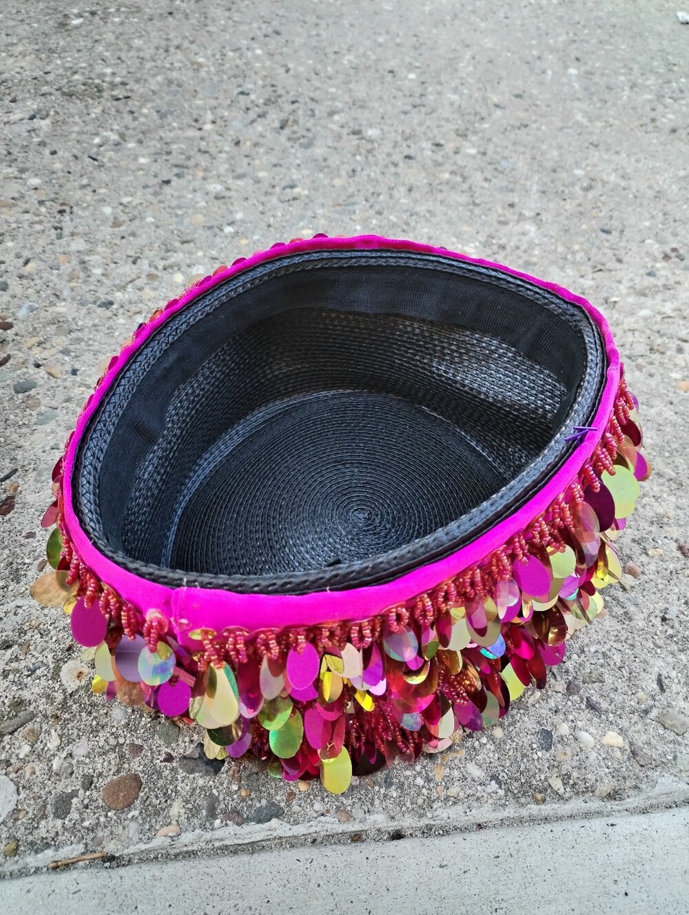 Whittall & Shon Sequin Trim Black Straw Hat with Hot Pink Band
